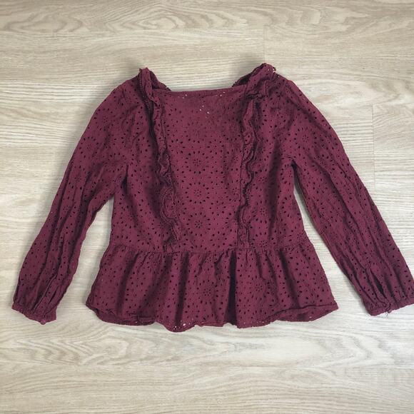 Madewell eyelet pom-pom long sleeve blouse burgundy button ruffle small - Picture 3 of 5